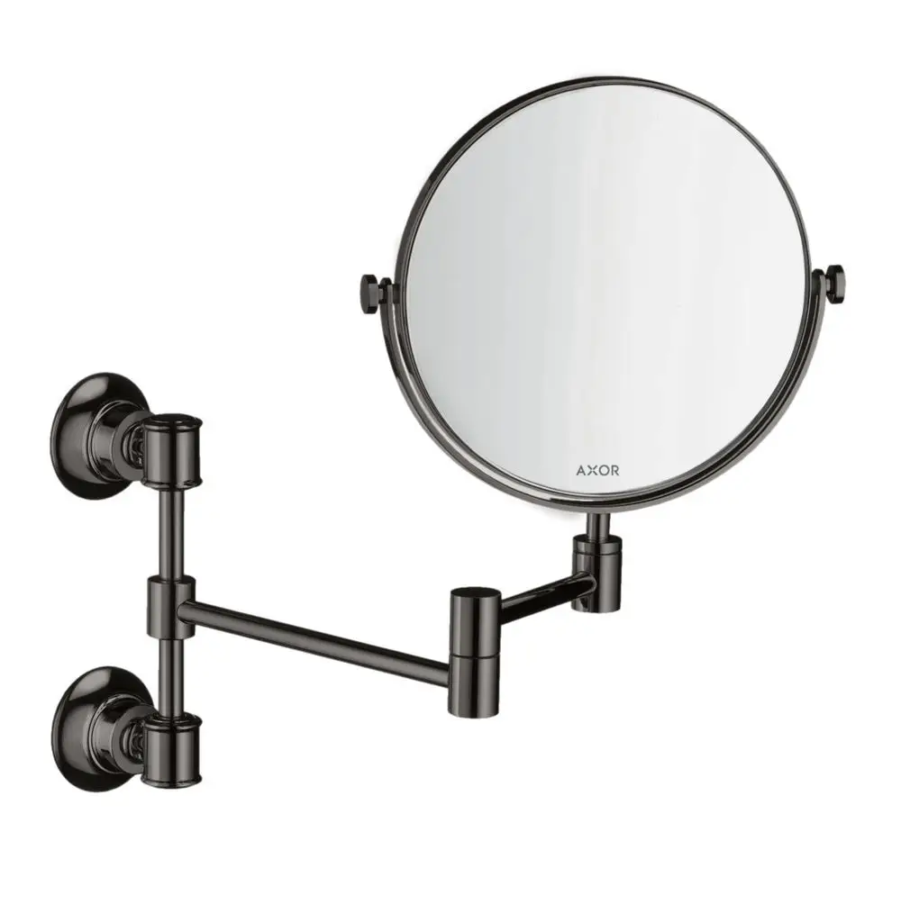 Wandmontierter Rasierspiegel mit drehbarem Element, versehen mit einer schwarzen Chrom-Oberfläche. Produkt von AXOR, geeignet für Badezimmer.